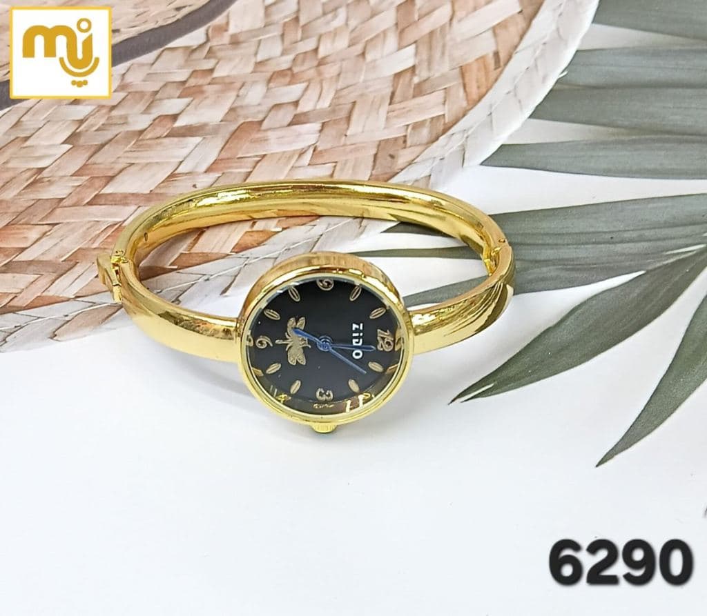 Gold Bangle Watch with Black Dial and Zodiac Design