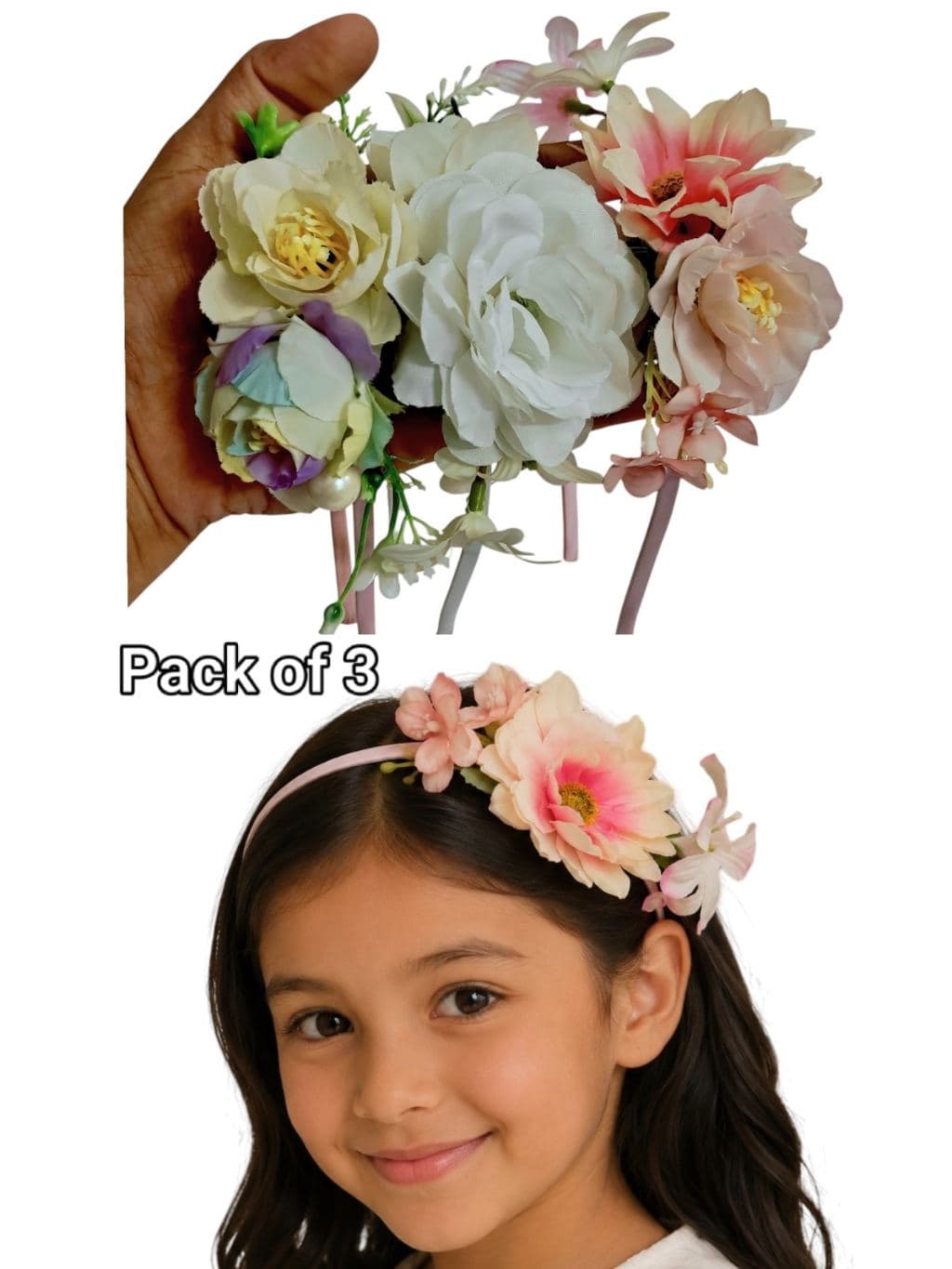 Artificial Flower Hair Clip Headband - Pastel Pink White Rose Floral Crown (Pack of 3)