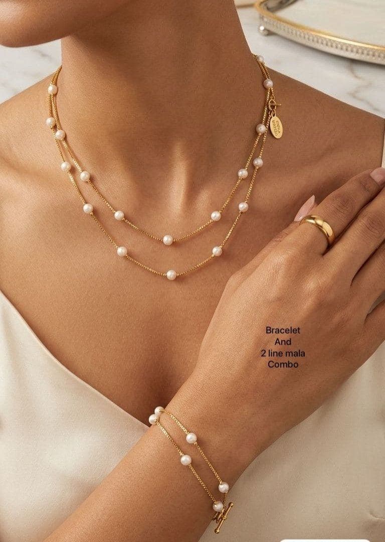 Gold Pearl Beaded Chain Necklace & Bracelet Combo Set - 2 Line Mala