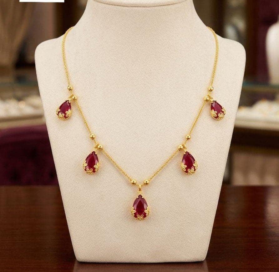 Gold Plated Ruby Teardrop Pendant Necklace with Earrings Set