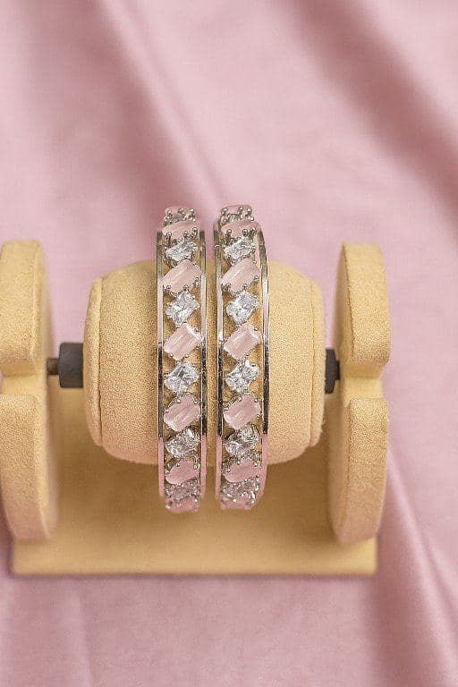 Silver Plated Cubic Zirconia and Pink AD bangles - Elegant Party Wear
