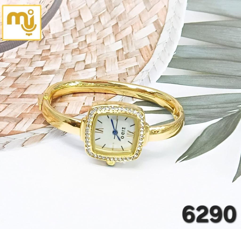Golden Square Diamond Bangle Watch with Crystal Bezel