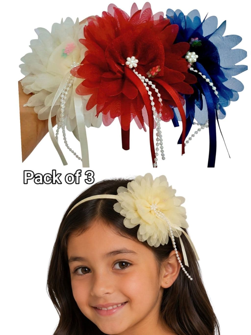 Decorative Flower Hair Clip with Pearl Beads - Pack of 3