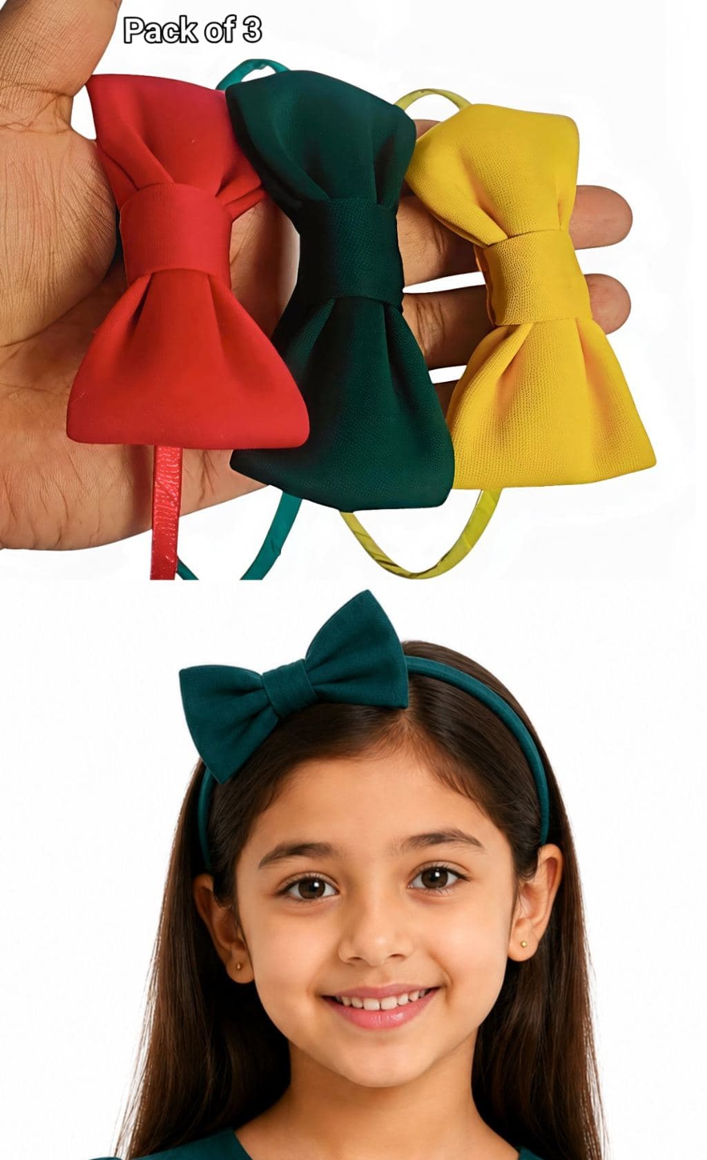 Pack of 3 Colorful Bow Hair Clips - Red, Green & Yellow