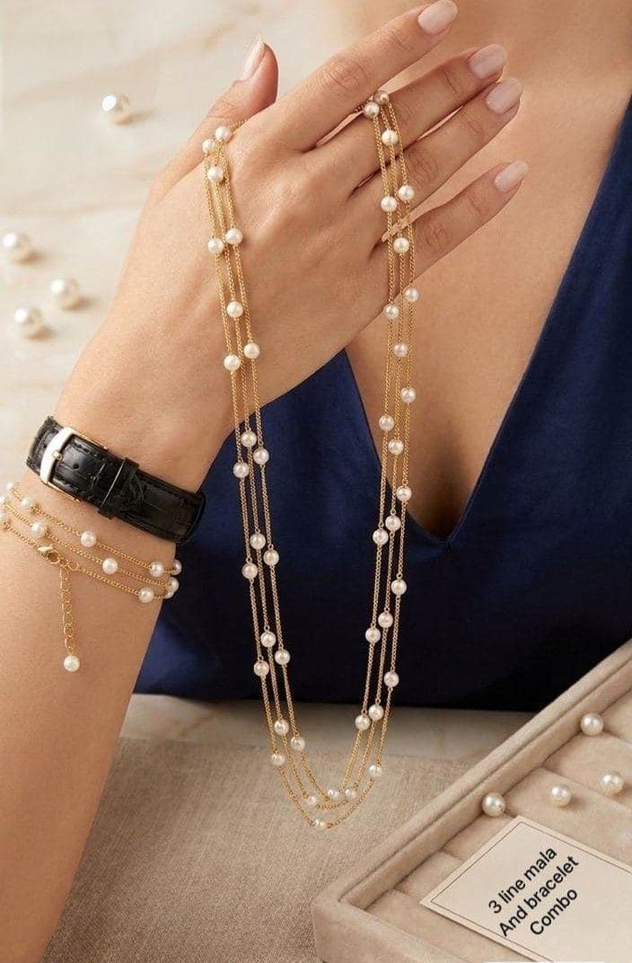 Pearl Hand Chain Bracelet with Multi-Strand Gold Plated Long mala Drape Jewelry