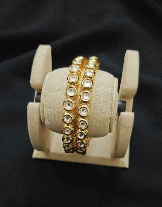 Gold Plated Kundan Bangle Set with White Stones - Traditional Indian Jewelry