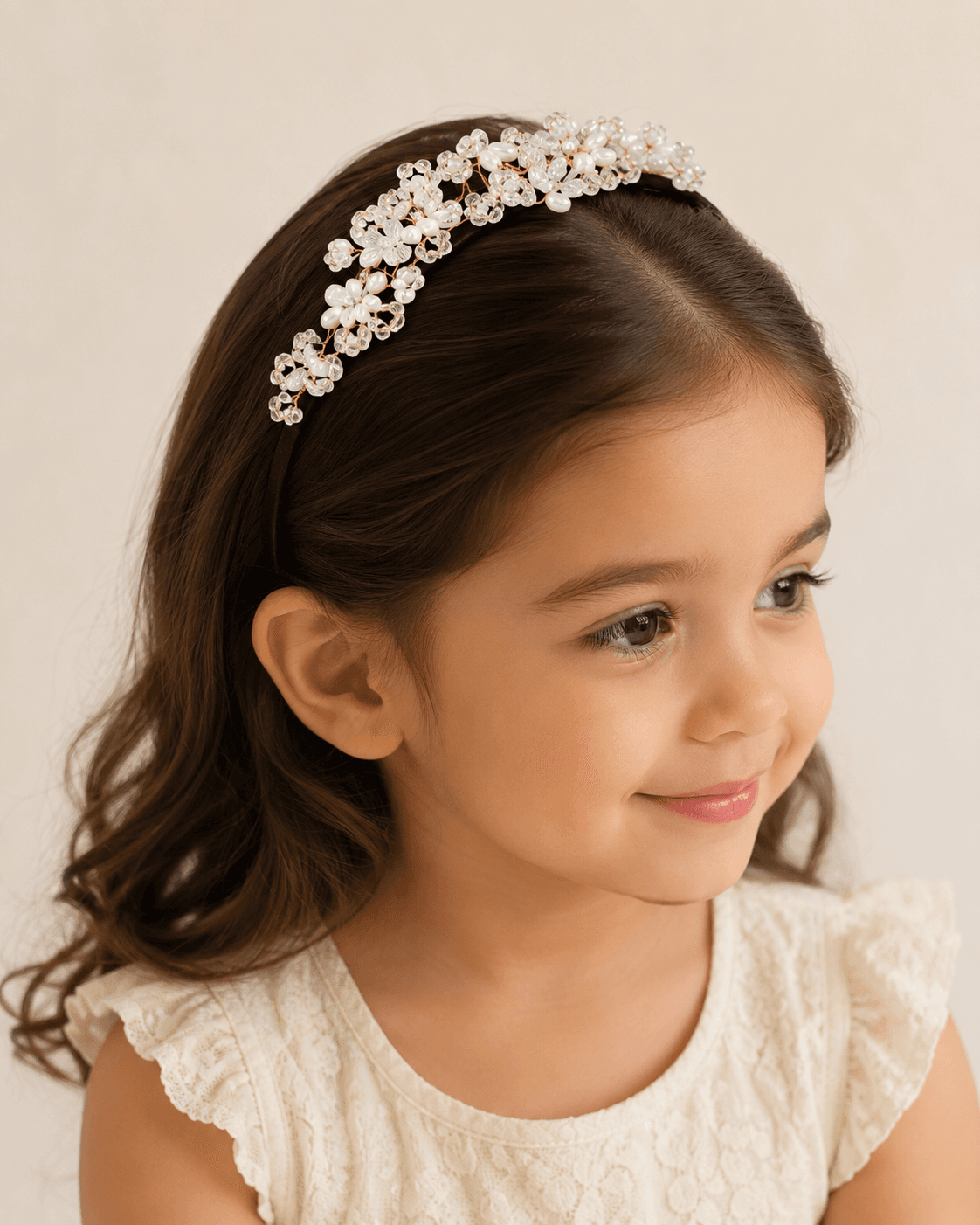 Crystal Beaded Hair Headband with Black Velvet Band - White Pearl