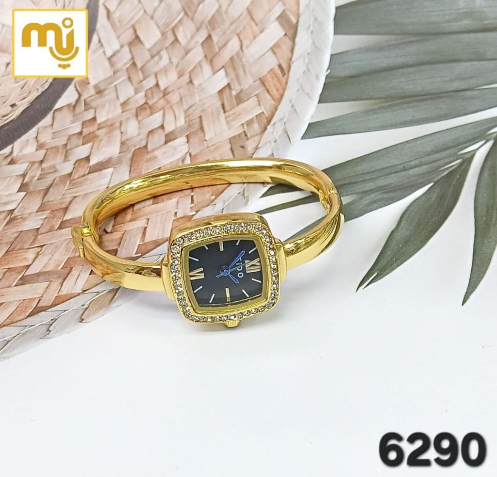 Gold Plated Square Dial Black Face Analog Bangle Watch with Crystal Stones