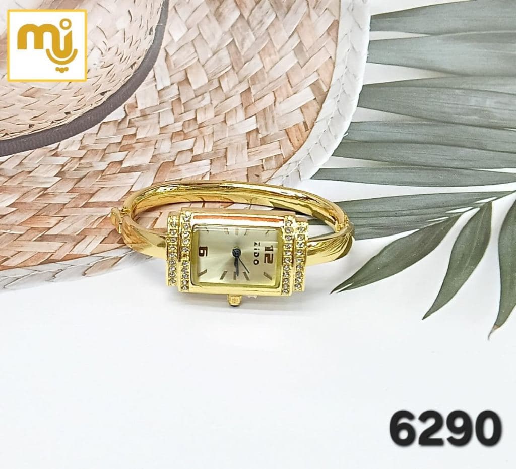 Gold Plated Rectangular Dial Bangle Watch with Crystal Embellishments