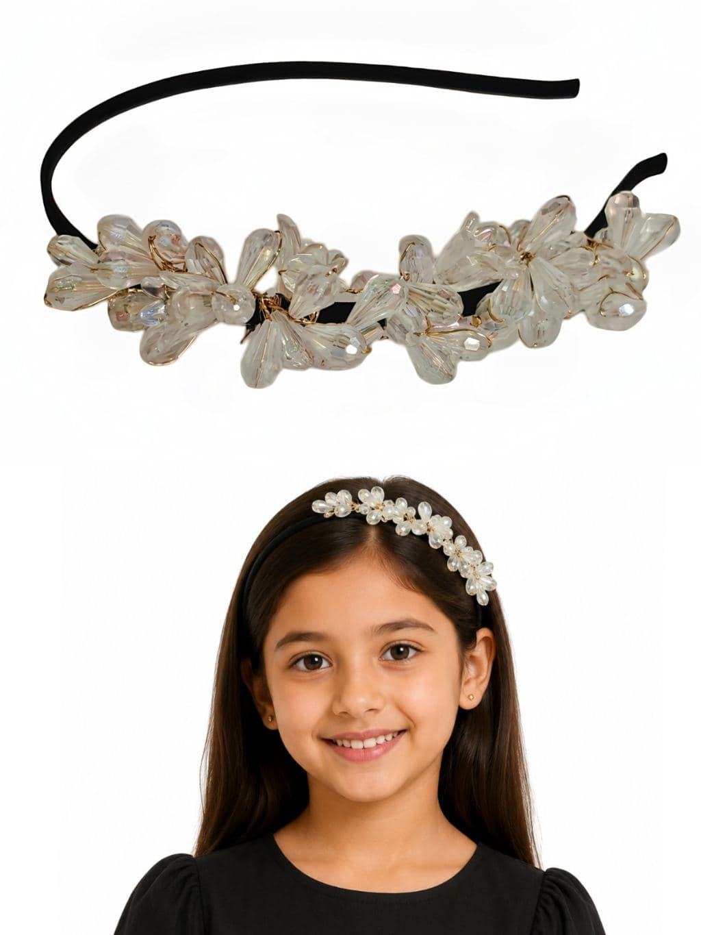Crystal Beaded Flower Hair Band with Black Headband - Wedding Party Wear