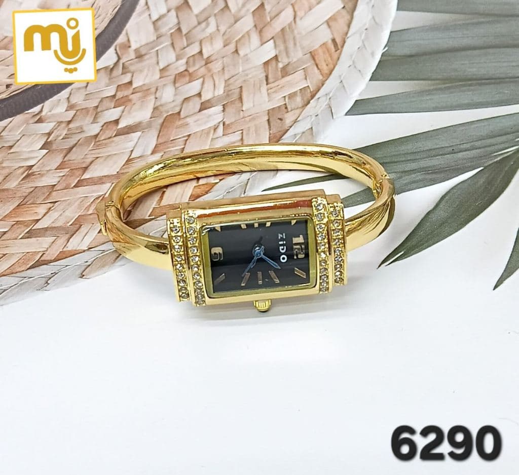Gold Plated Rectangular Black Dial Bangle Watch with Crystal Stones