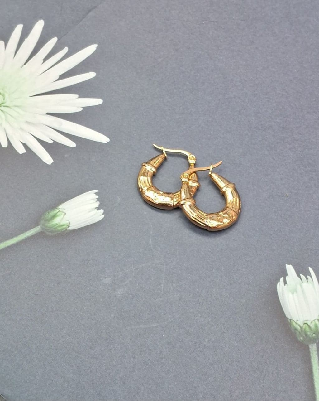 Gold Plated Bamboo Textured Hoop Earrings - Traditional Design