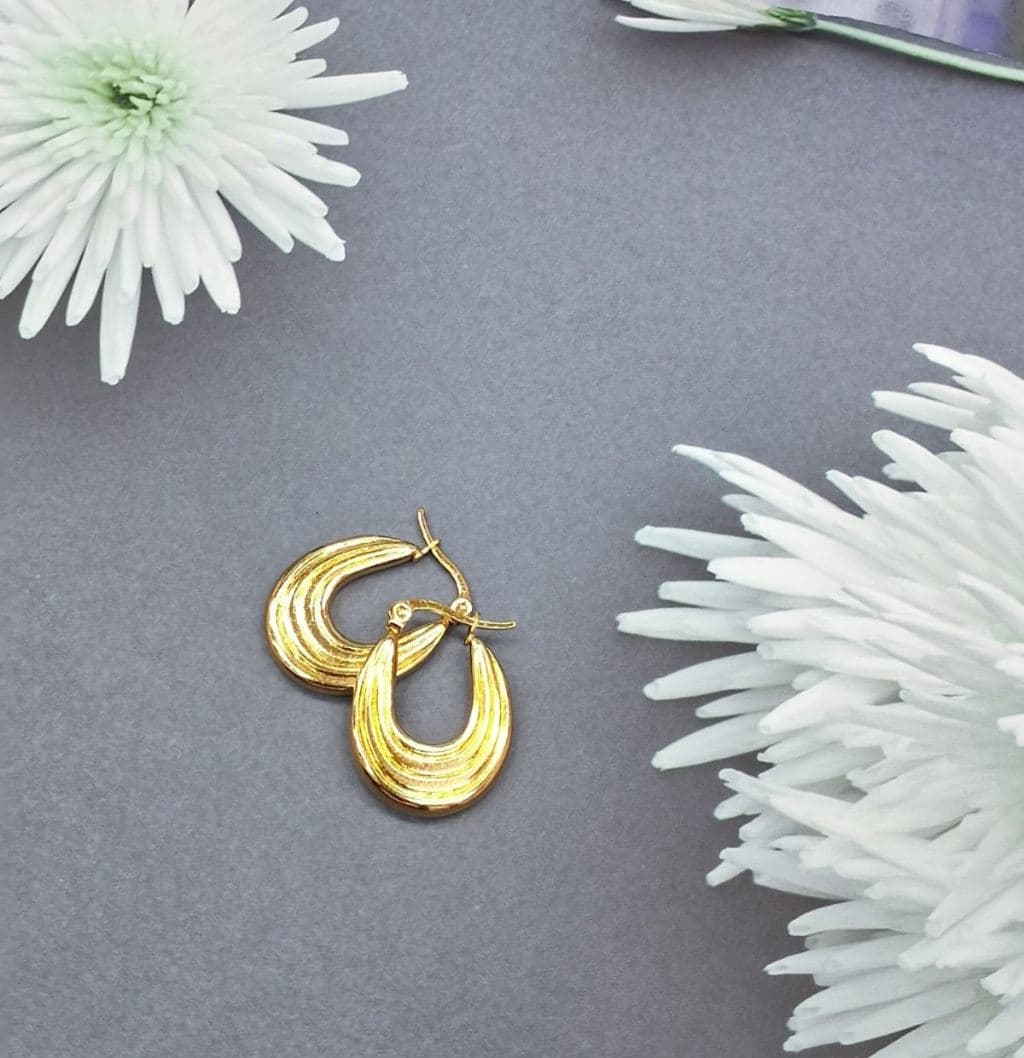 Gold Plated Textured Hoop Earrings for Women - Classic Oval Design