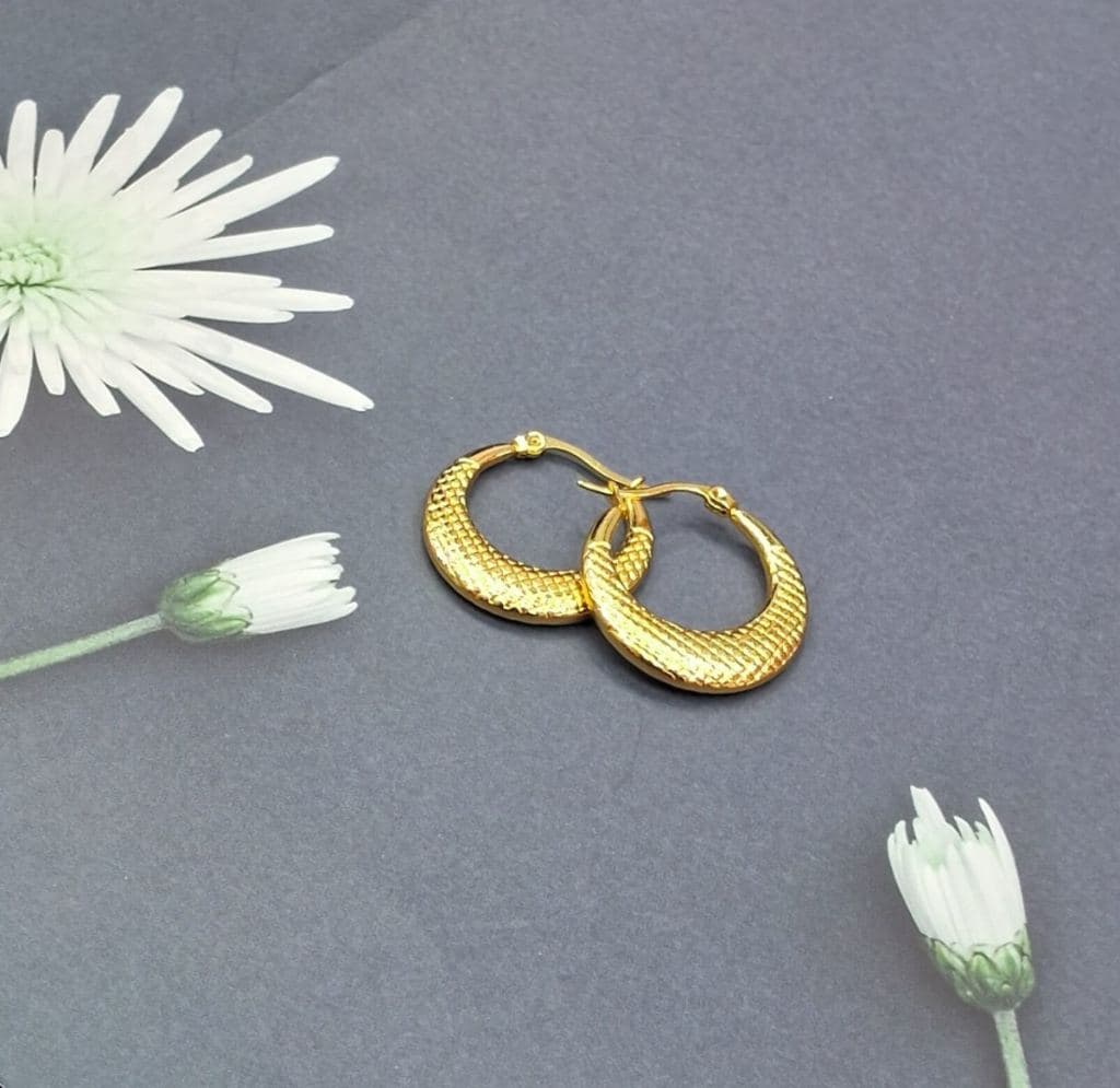 Gold Plated Textured Hoop Earrings with Scalloped Design
