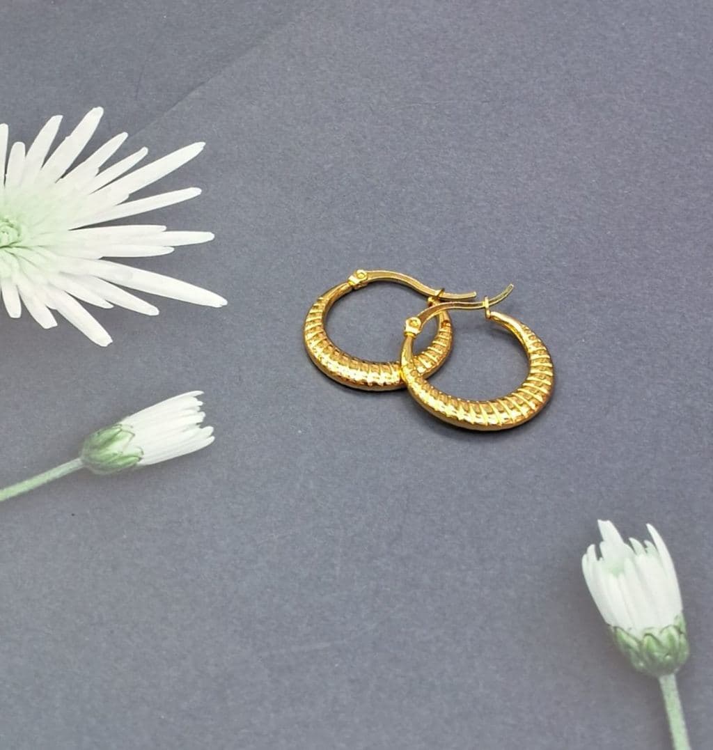 Gold Plated Textured Hoop Earrings for Women - Traditional Design