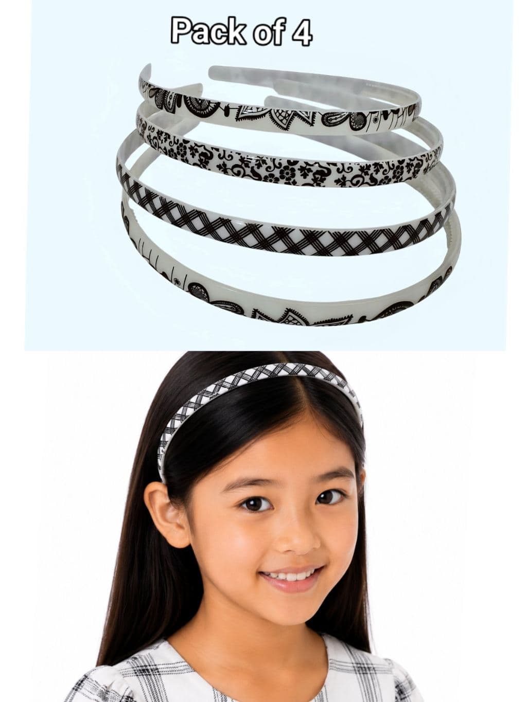 Pack of 4 Printed Headbands - Black & White Floral Patterns