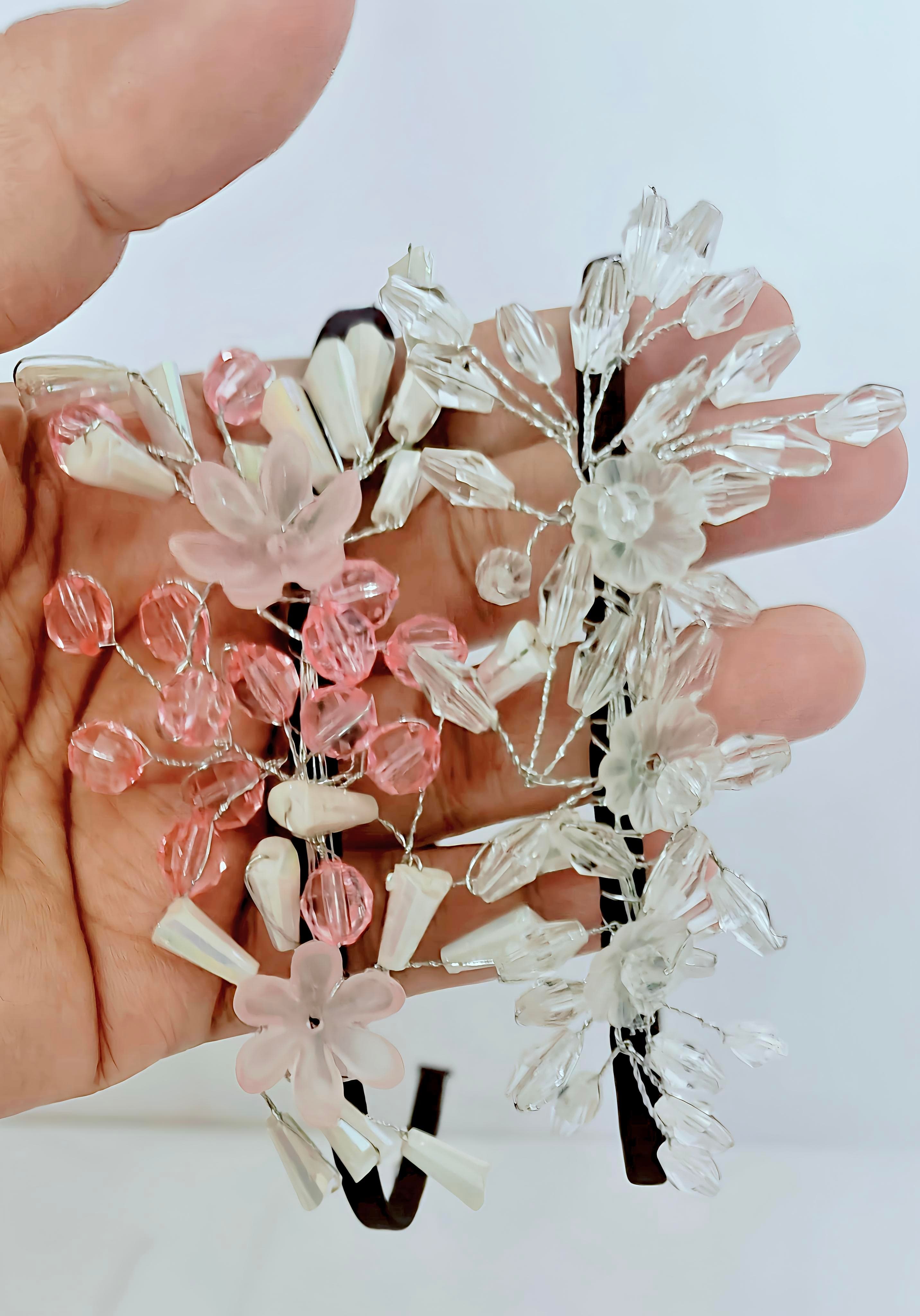 Pack of 2, Crystal Beaded head bands with Pink & Clear Glass Beads/ hair ties/hair bands- Elegant Hair Accessory