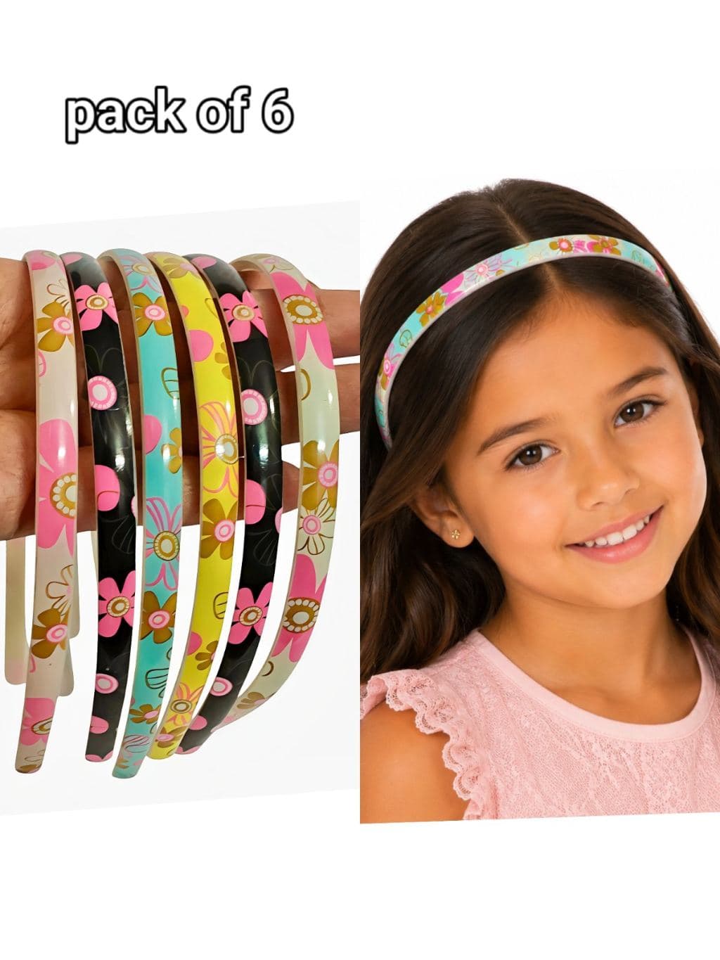 Floral Printed Hair Headbands - Set of 6, Turquoise & Cream with Pink Flowers