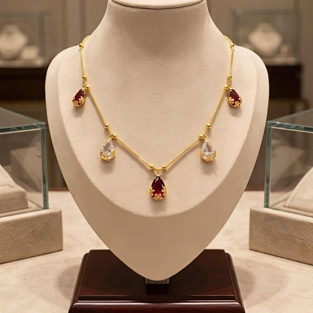 Gold Plated Ruby & Crystal Teardrop Pendant Necklace Set