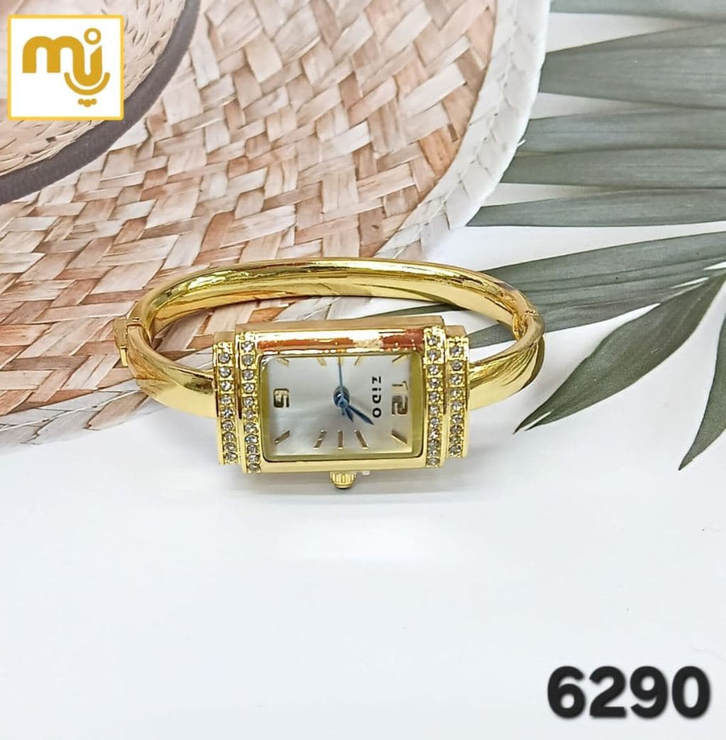 Gold Plated Rectangular Analog Watch with Crystal Embellished Bangle Strap
