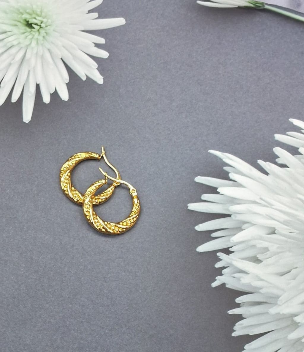 Gold Plated Textured Hoop Earrings - Traditional Design for Women