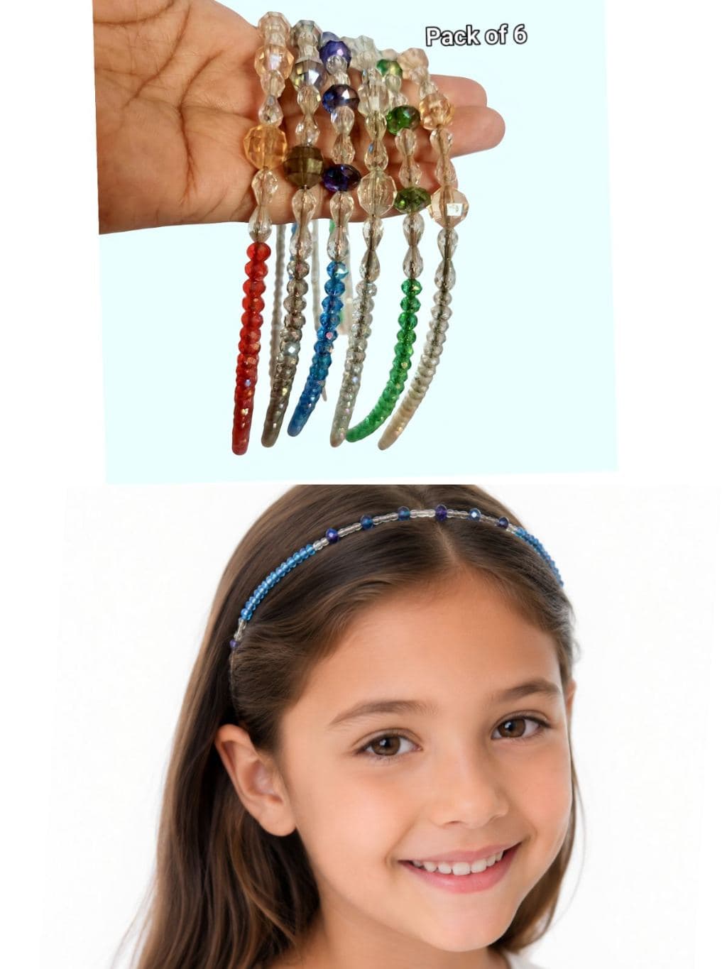 Beaded Hair Headbands Pack of 6 - Colorful Crystal Elastic Hair Bands