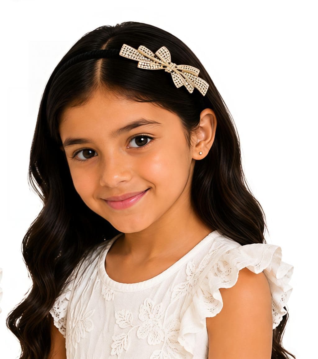 Gold Rhinestone Bow Hair Clip - Pearl White