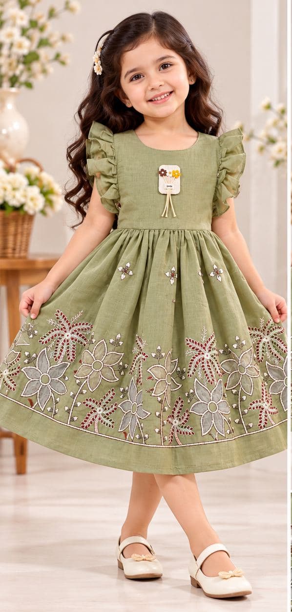 Girls' Sage Green Floral Embroidered Dress with Ruffle Sleeves - Midi Length