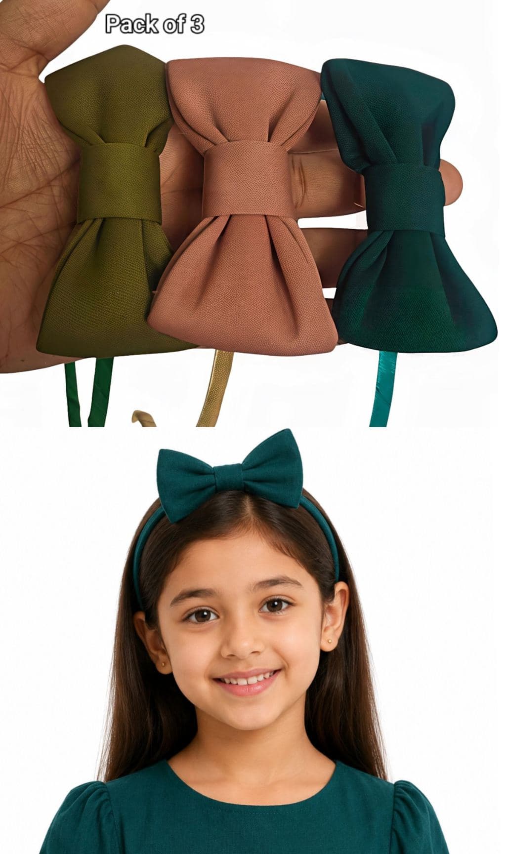 Pack of 3 Fabric Bow Hair Clips - Olive, Rust & Teal for Girls