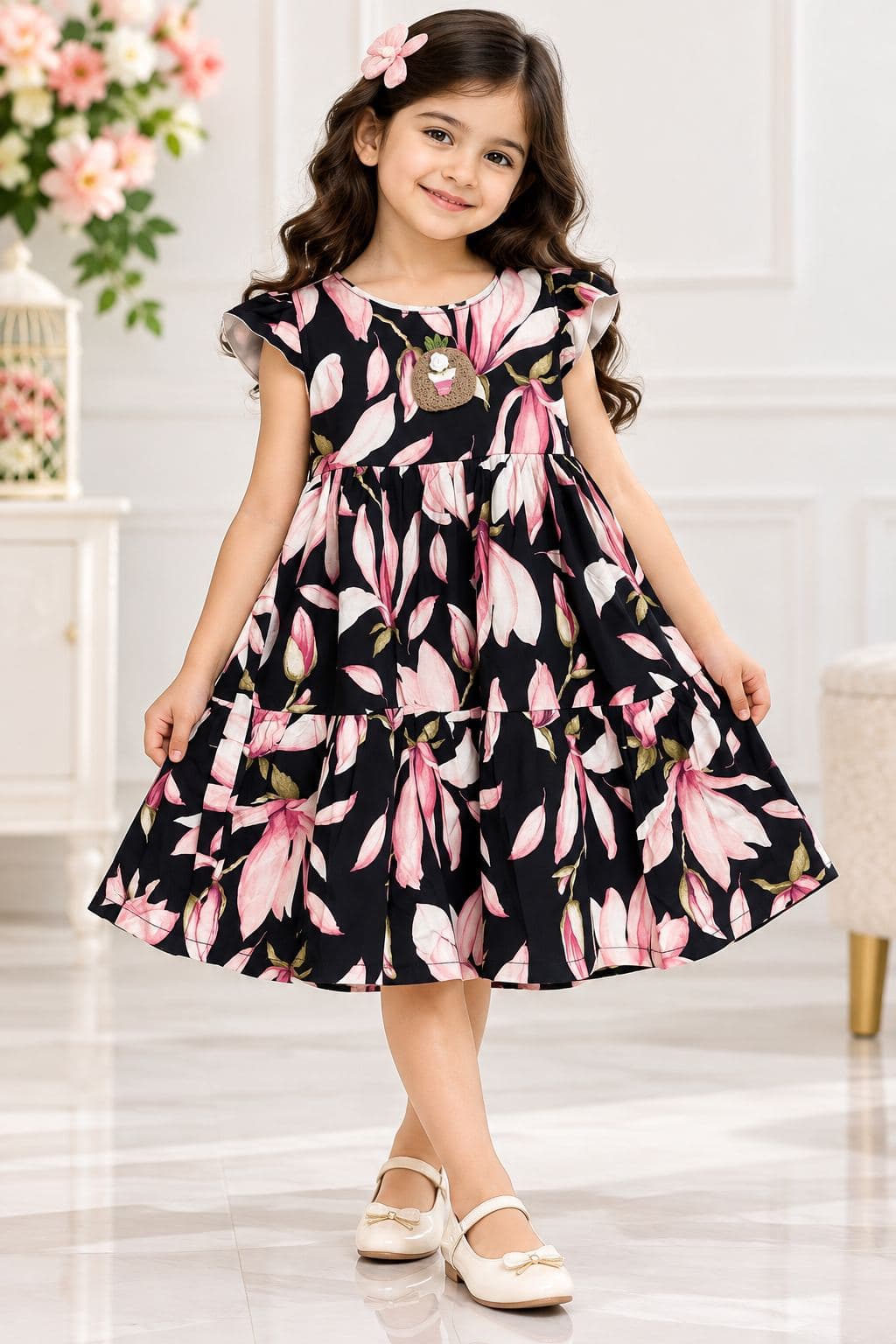 Girls' Floral Print Casual Dress with Ruffled Hem