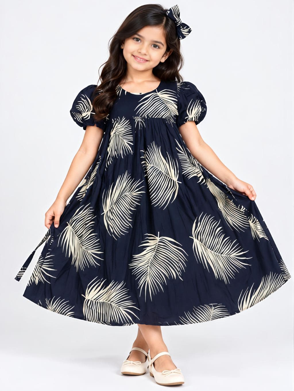 Girls Navy Floral Puff Sleeve Midi Dress with Feather Print