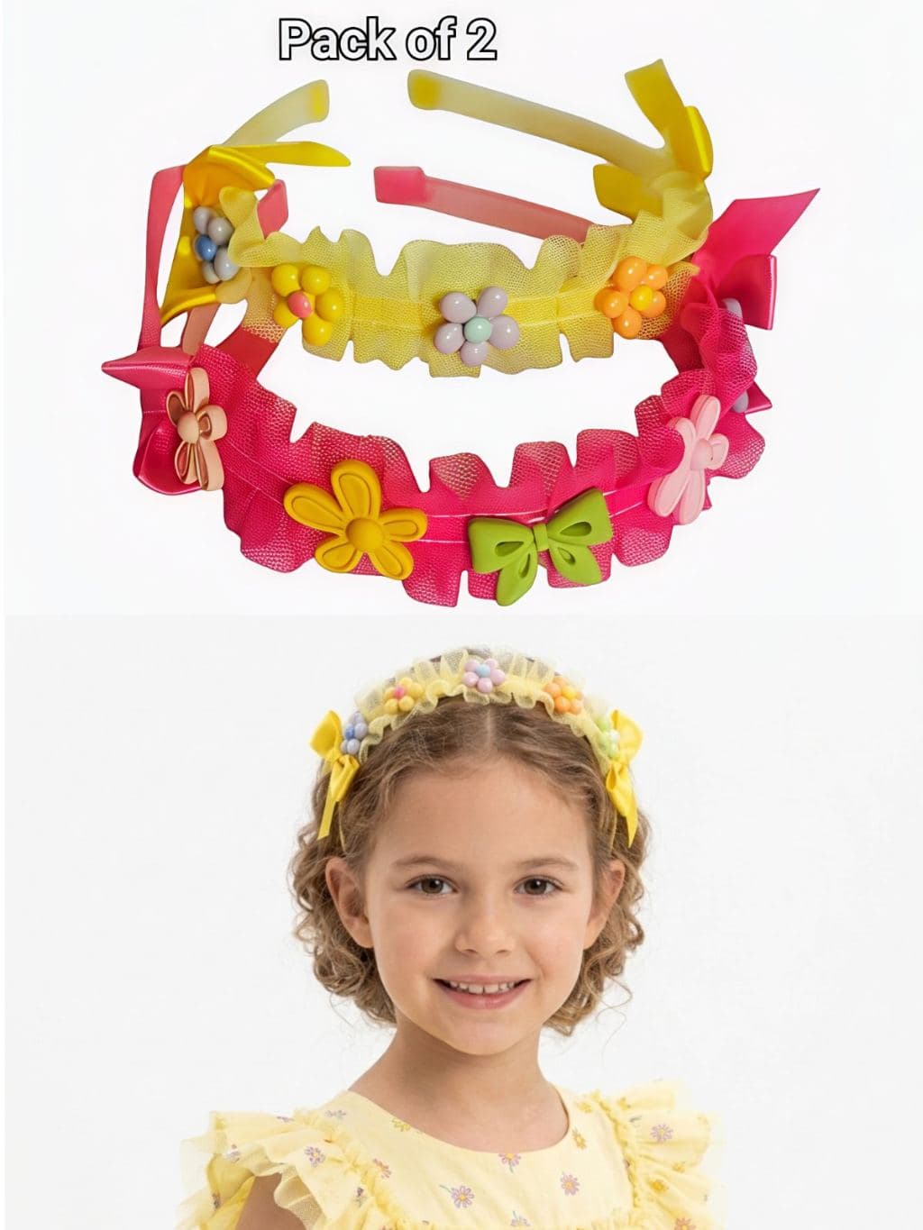 Pack of 2 Colorful Flower Hair Clips with Beads - Yellow Pink Green