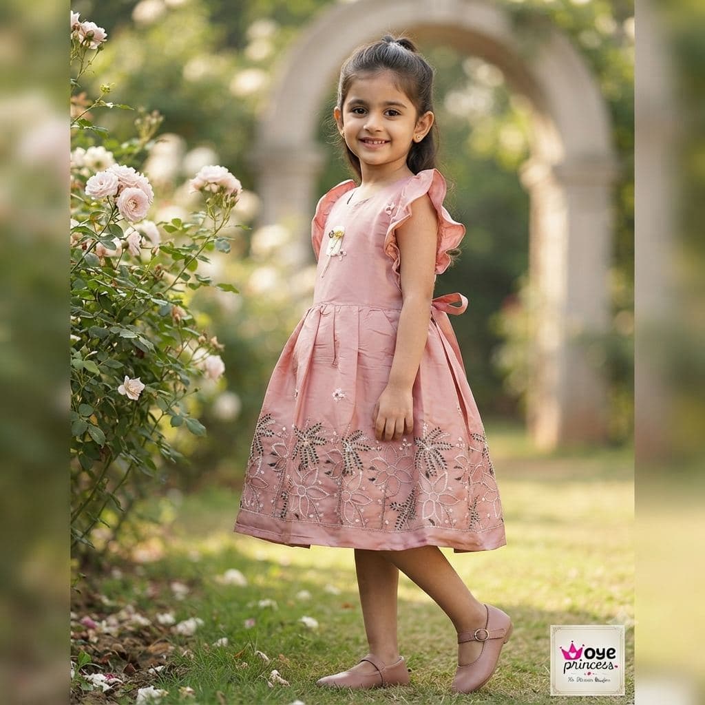 Oye Princess Girls' Pink Embroidered Dress with Ruffled Sleeves