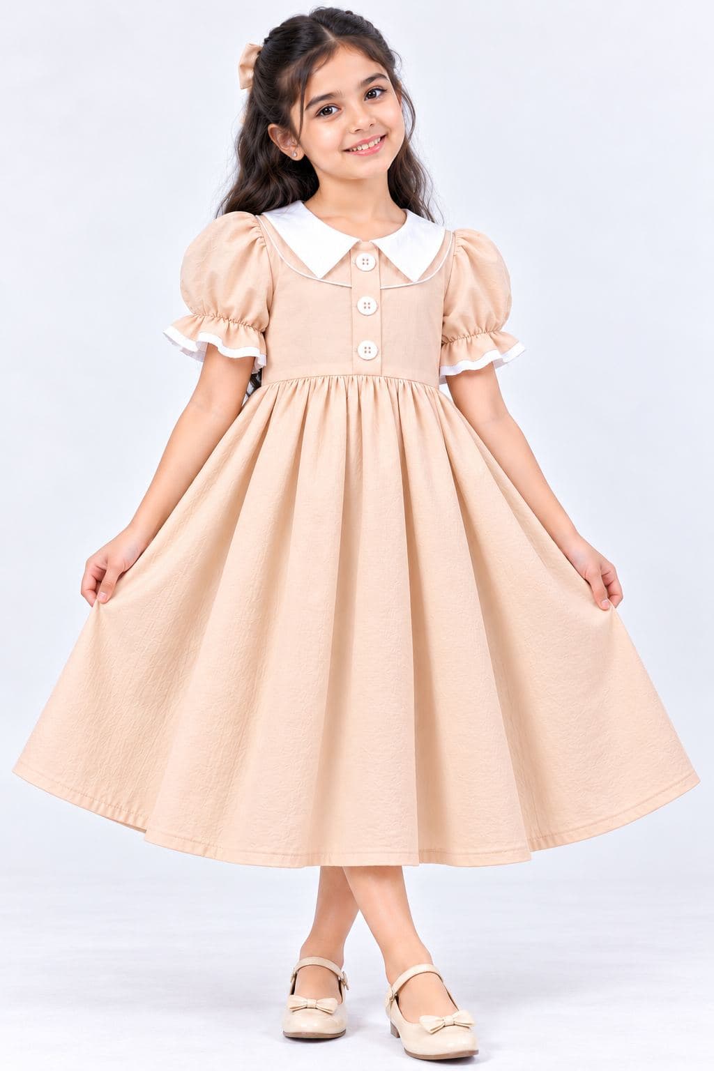 Girls' Peach Puff Sleeve casual Dress with White Collar - Midi Length