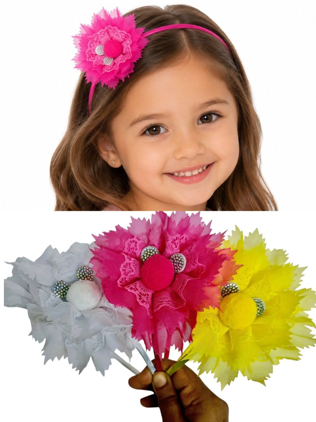 Pink Lace Flower Hair Clip Headband Set for Girls - Elastic Band with Rhinestone Details