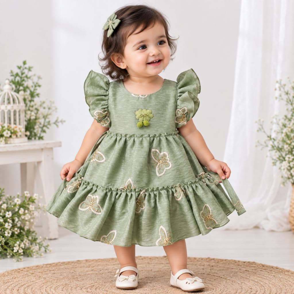 Girls' Tissue fabric beads embroidered Dress with Ruffled Sleeves - Knee Length Party Wear