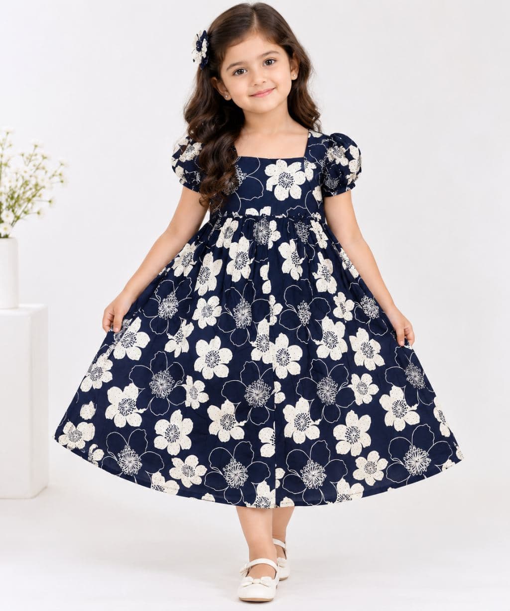 Girls' Floral Print Off-Shoulder Dress - Navy Blue & White Cotton
