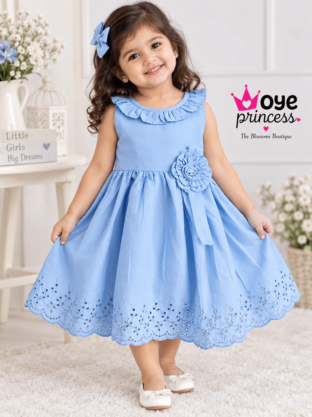 Girls Blue Ruffle Collar Dress with Lace Hem - Party Wear