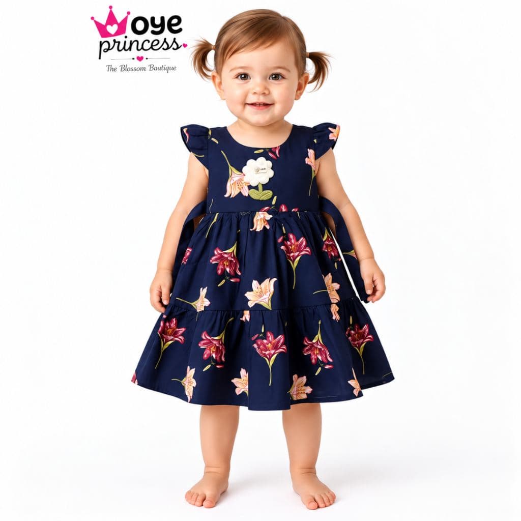 Girls Floral Print Navy Blue casual Dress with cap Sleeves - Knee Length