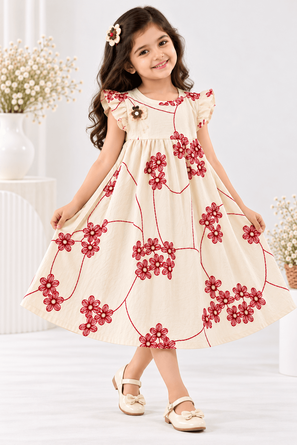 Girls' Floral embroidery and sequence work festive Dress with Ruffled Sleeves