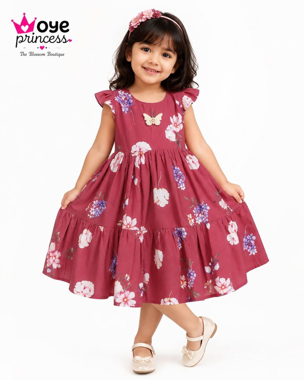 Oye Princess Girls Floral Printed Casual Dress - Maroon Cotton Blend