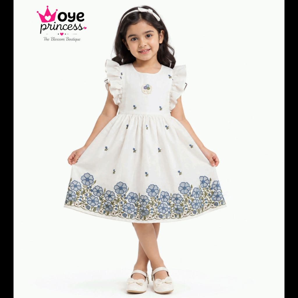 Oye Princess Girls White Floral Dress with Ruffled Sleeves - Cotton Midi