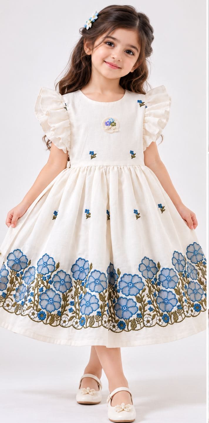 Girls Cream Floral Embroidered Party Dress with Ruffle Sleeves - Midi Length