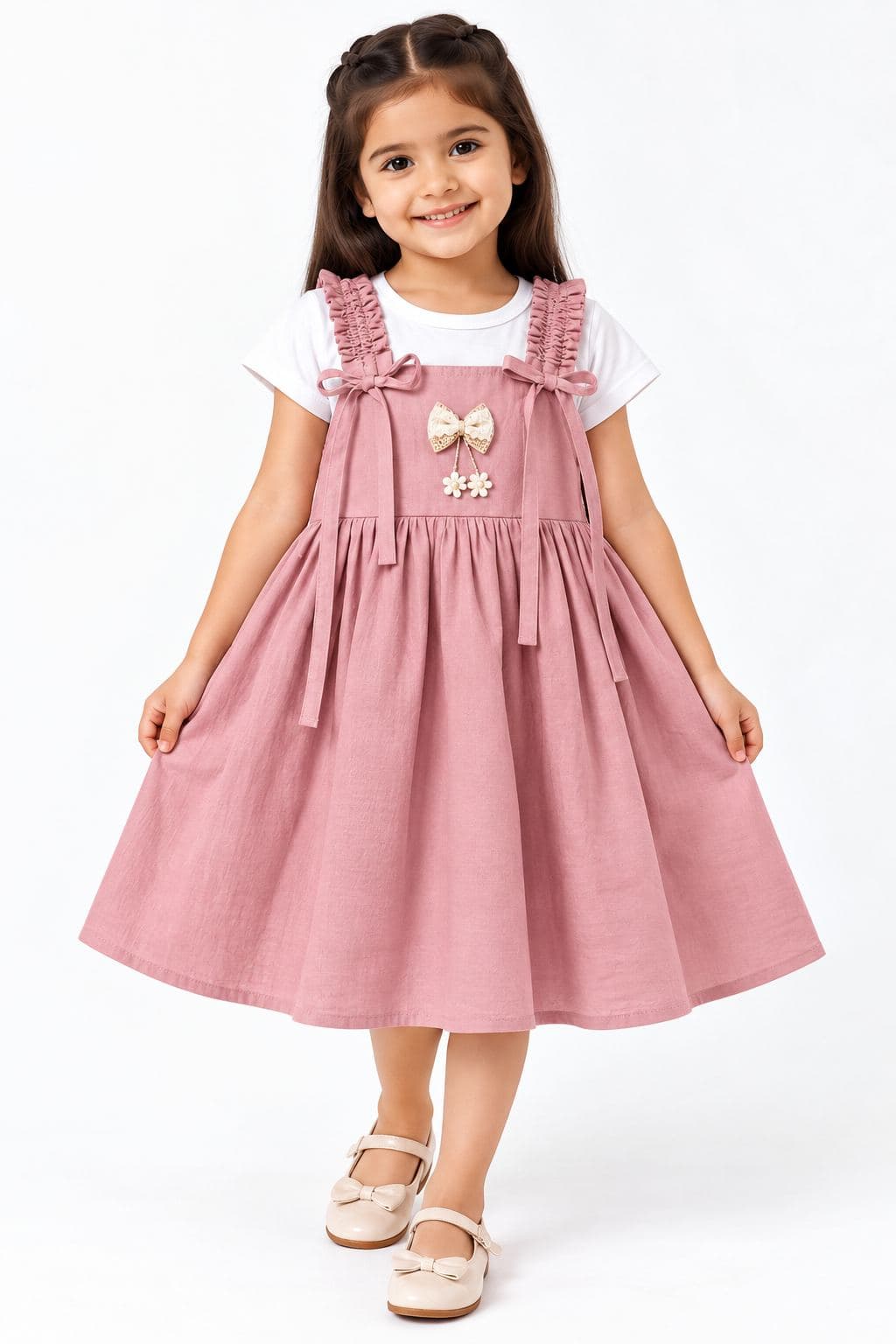 Girls' Pink Embroidered Dress with Ruffled Shoulder Straps - Midi Length