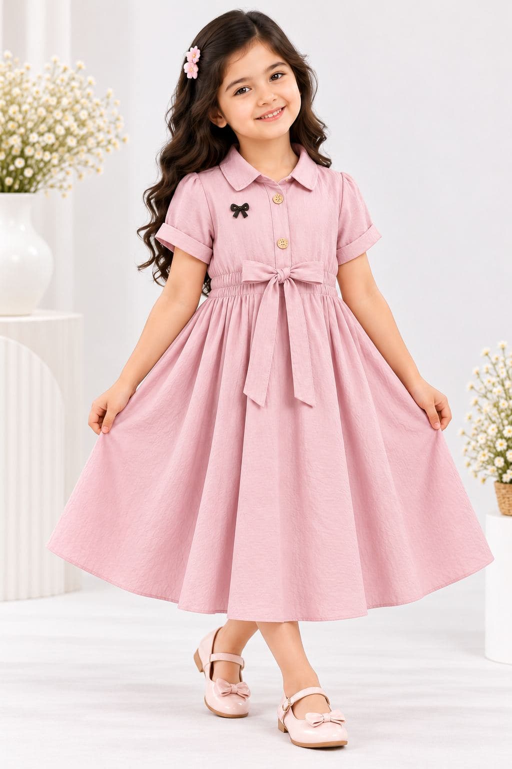 Girls' Pink Collared Shirt Dress with Bow Tie Detail - Midi Length