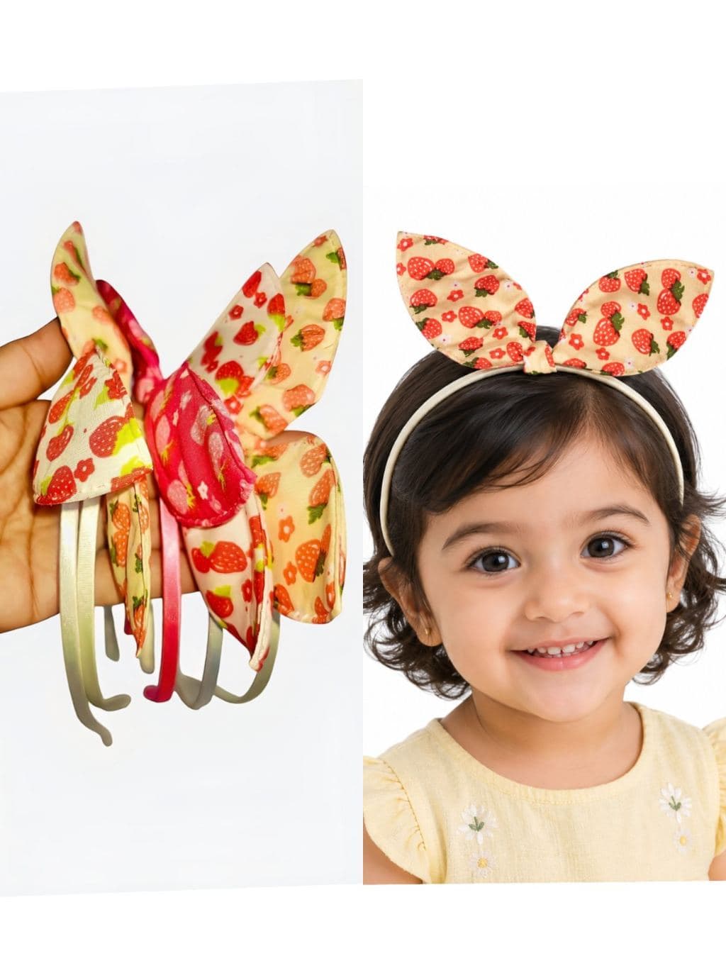 Strawberry Print Rabbit Ear Headband for Kids - Cream & Red