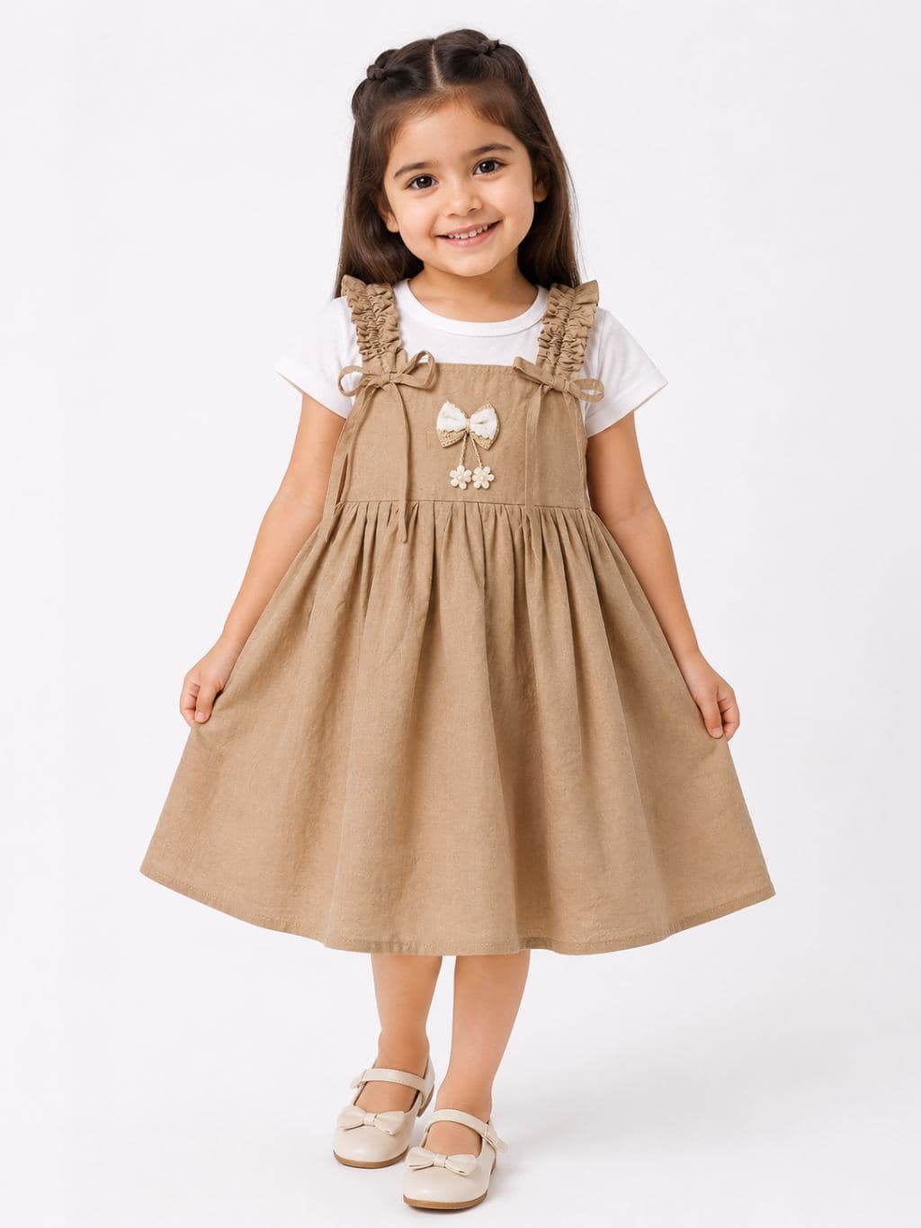 Girls' Beige Casual Dress with Bow Tie & Short Sleeves - Knee Length