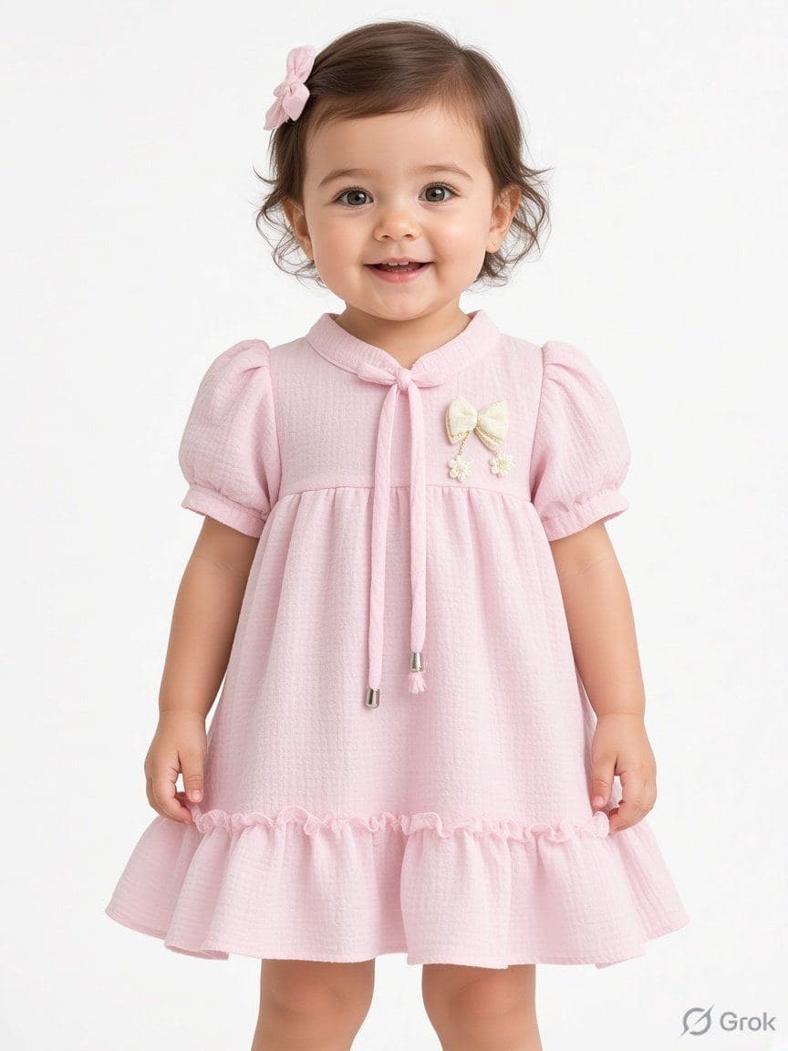 Girls Puff Sleeve Dress with Bow Detail - Knee Length Cotton Blend