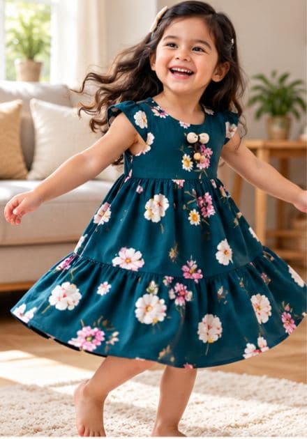 Girls Floral Print Round Neck Short Sleeve Casual Dress - Teal Blue