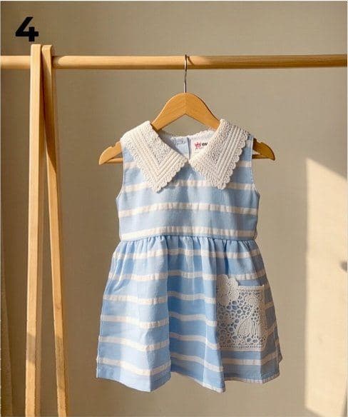 Blue & White Checkered Girls Dress with Peter Pan Collar - Cotton Blend